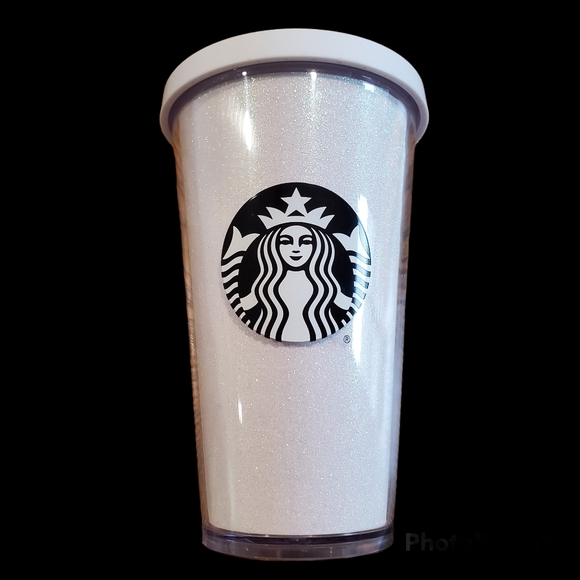 Starbucks 12 oz Logo White Glitter Tumbler W/ Lid.